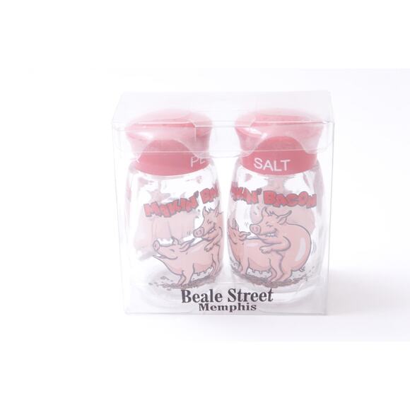 Makin Bacon, Salt and Pepper Shakers, Two Funny Pigs, Red-Clear Color, Beale - Picture 1 of 2